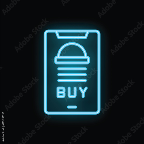 Bright glowing neon icon of a smartphone displaying an online food order for delivery or takeaway