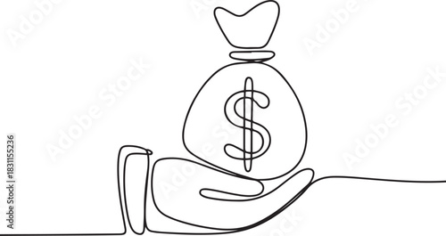 Dollar money bag in continuous one line drawing. Hand holding a sack with cash in simple linear style. Finance bank and investment concept in editable stroke. one line Icon drawing