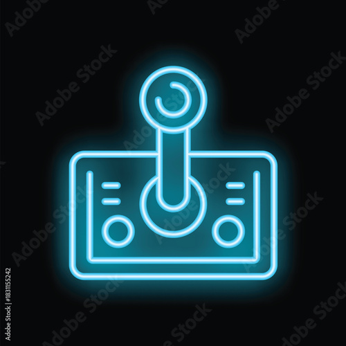 Bright blue neon sign of a retro video game joystick glowing on a black background