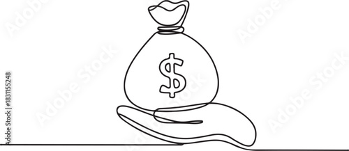 Dollar money bag in continuous one line drawing. Hand holding a sack with cash in simple linear style. Finance bank and investment concept in editable stroke. one line Icon drawing