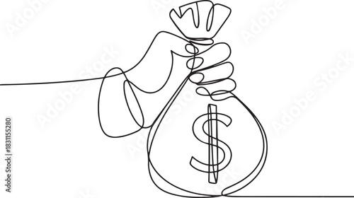 Dollar money bag in continuous one line drawing. Hand holding a sack with cash in simple linear style. Finance bank and investment concept in editable stroke. one line Icon drawing
