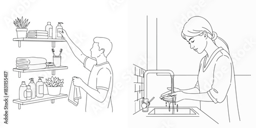 Simple Line Art Illustrations of Bathroom Organization and Hand Washing