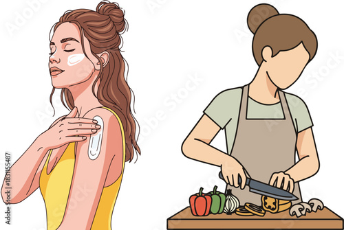 Vector illustration depicting women's everyday activities: wellness and cooking.