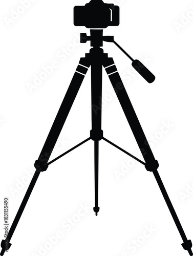 Isolated silhouette of a camera on a tripod, representing photography, stability, and creative equipment for professional use.