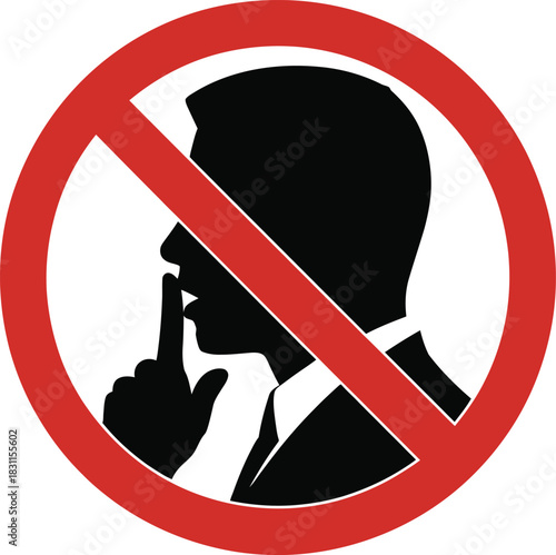 Forbidden sign with silhouette of a man in a suit asking for silence, isolated on white background.