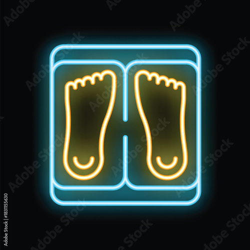 Glowing neon sign representing a weighing scale with footprints for measuring body weight, symbolizing health and fitness