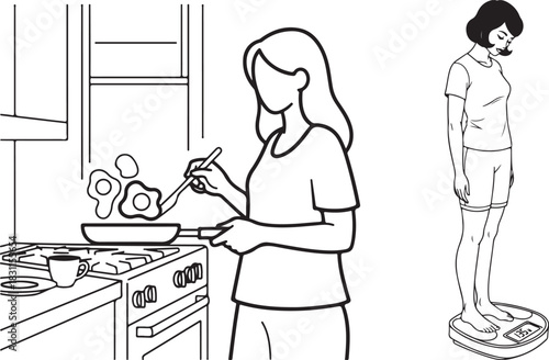 Black and White Vector Illustration of Woman Cooking and Weighing Herself