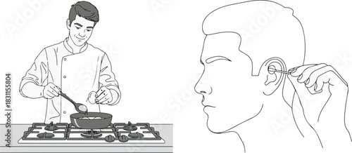 Monochrome Line Art Depicting Daily Life Activities