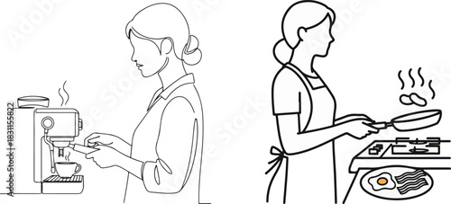 Monochrome Line Art Illustrations of Morning Cooking and Coffee Preparation