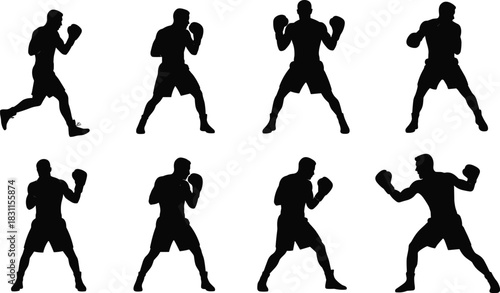 Boxing silhouettes of athlete in fighting stances, training, defense, offense, sparring, martial arts, fitness, competition
