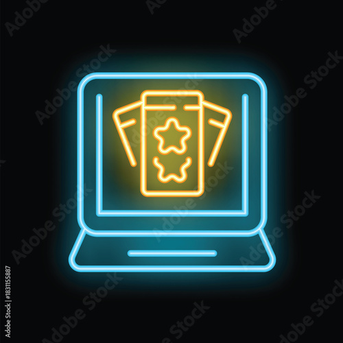 Neon glowing icon of a loyalty program with cards and stars displayed on a laptop screen, perfect for loyalty and reward concepts