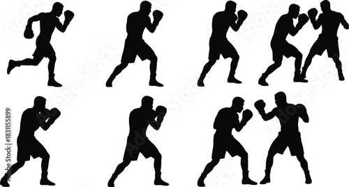 Boxing silhouettes of athletes in fighting stances, sparring, training, defense, offense, martial arts, fitness, competition