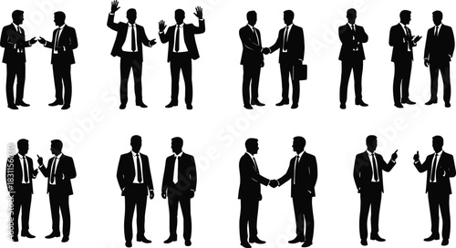 Business interaction silhouettes, corporate teamwork, leadership communication, office negotiation, partnership collaboration, professional career success illustration