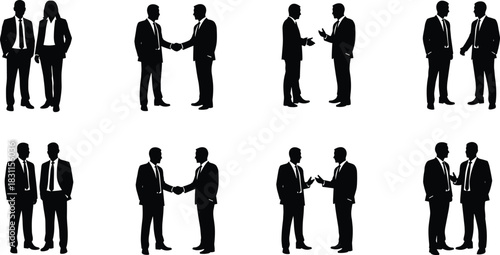 Business interaction silhouettes, corporate teamwork, leadership communication, office negotiation, partnership collaboration, professional career success illustration