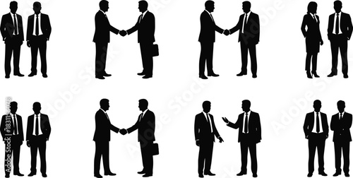 Business interaction silhouettes, corporate teamwork, leadership communication, office negotiation, partnership collaboration, professional career success illustration