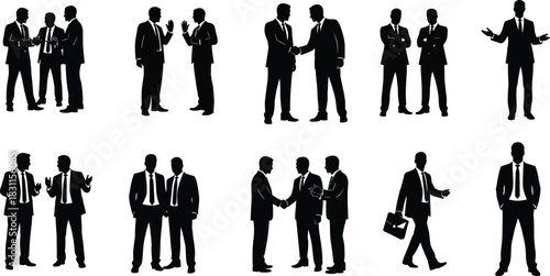 Business interaction silhouettes, corporate teamwork, leadership communication, office negotiation, partnership collaboration, professional career success illustration