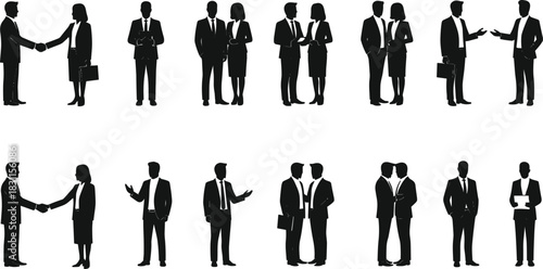 Business interaction silhouettes, corporate teamwork, leadership communication, office negotiation, partnership collaboration, professional career success illustration