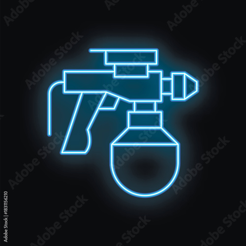 Blue neon sign depicting a spray gun with a large canister, glowing on a black background