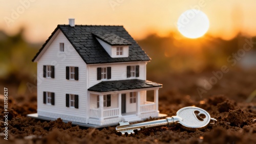A Miniature House Model with a Key Symbolizing Home Ownership and Real Estate Investment Under a Beautiful Sunset