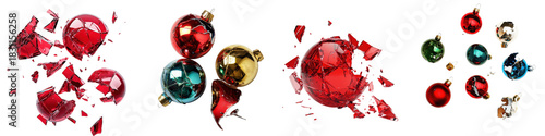 Shattered Christmas ornaments set, broken glass baubles isolated