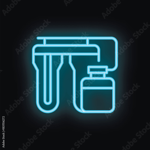 Glowing blue neon icon of an iv infusion drip delivering fluid solution, isolated on a black background