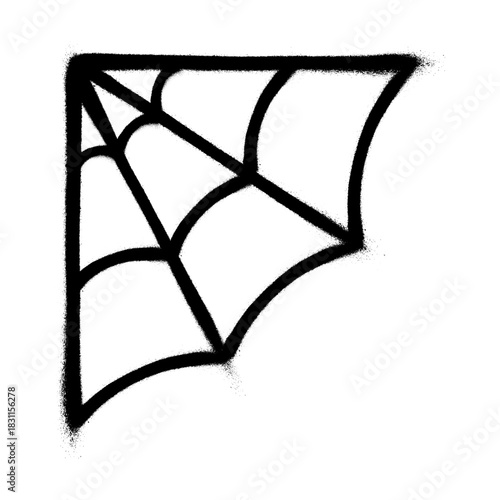 A drawing of a part of a spider web with black spray paint on a white background