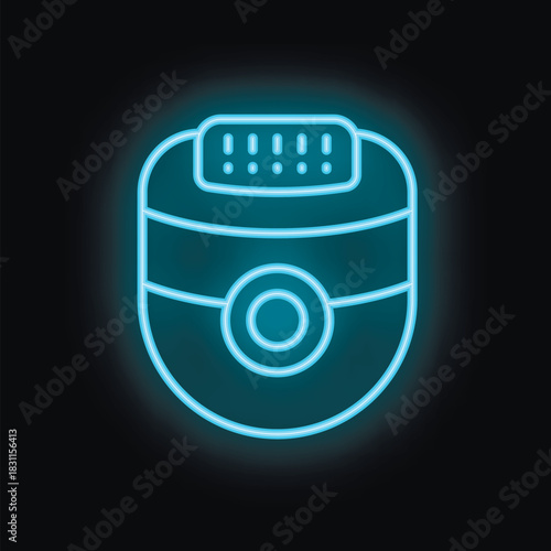 Blue neon icon of an epilator glowing against a black background