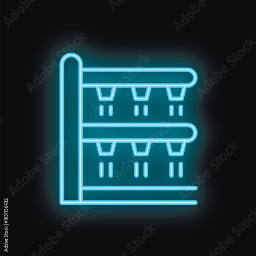 Glowing blue neon icon of a vertical farm with plants growing under artificial lights