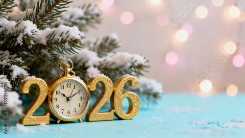 Celebrating a New Year: A Festive Still Life Featuring a Clock, Sparkling Numbers, and Holiday Decorations for the Arrival of 2026