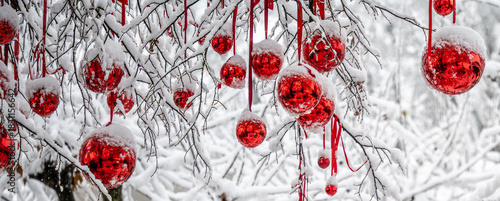 Snow-covered Christmas tree branches, a beautiful symbol of winter holiday decoration and illustration. Constance, Baden Württemberg, Germany.