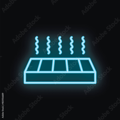 Blue neon sign of a hot food display warmer emitting heat waves on a black background