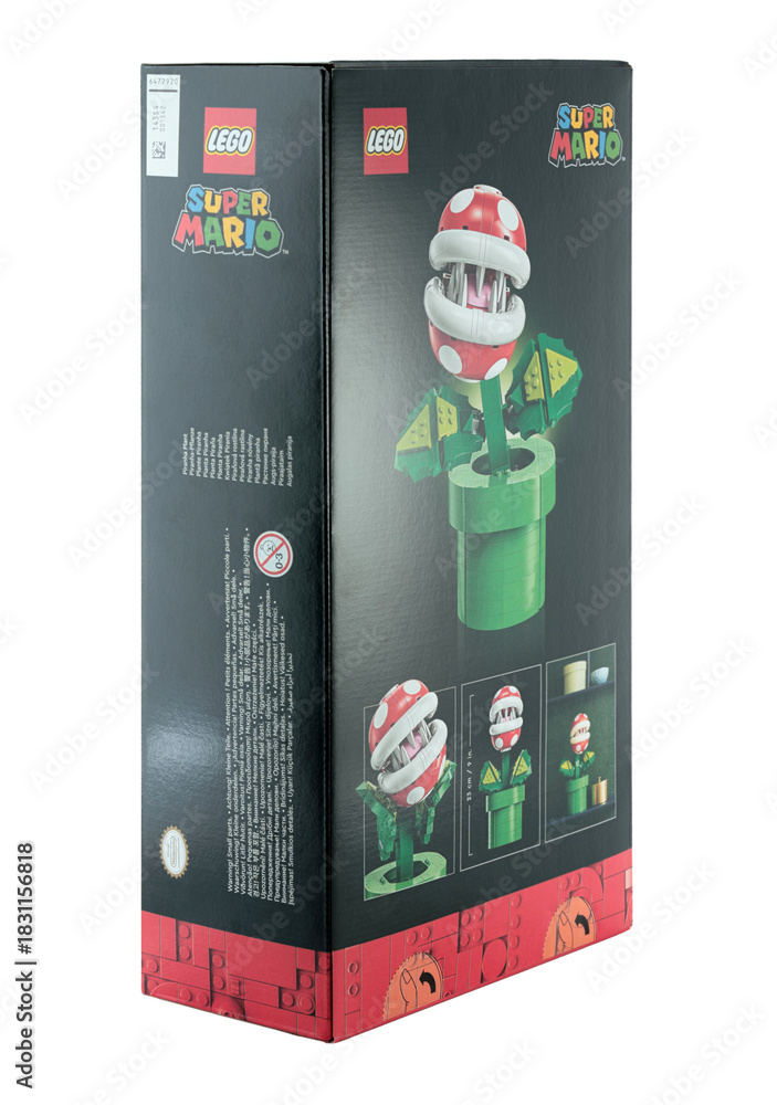 Naklejka premium Pack of a Lego construction created in collaboration with Nintendo, featuring a buildable Piranha Plant figure from Super Mario video game, isolated on transparent background
