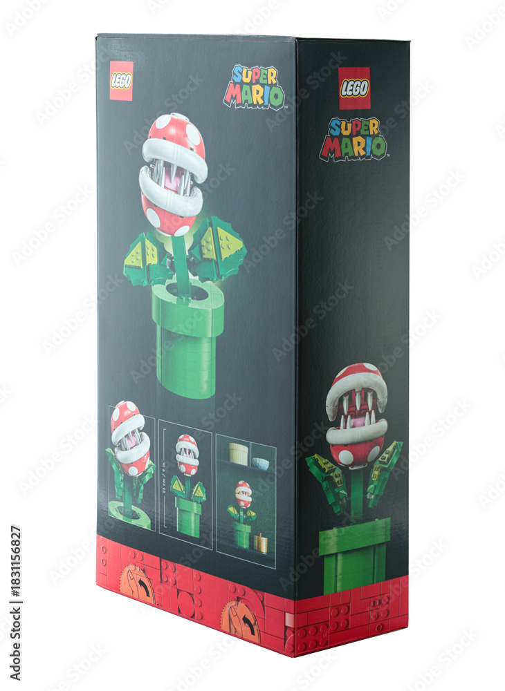 Naklejka premium Pack of a Lego construction created in collaboration with Nintendo, featuring a buildable Piranha Plant figure from Super Mario video game, isolated on transparent background