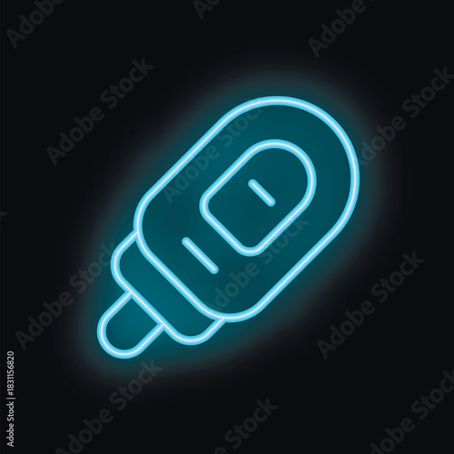 Blue glowing neon icon of pregnancy test showing positive result on black background