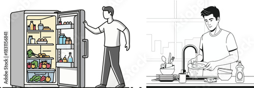 Clean Vector Illustration of Men Doing Household Kitchen Chores