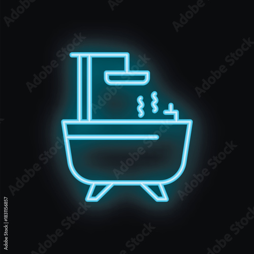 Blue neon icon of a bathtub with shower and steam glowing on a dark background