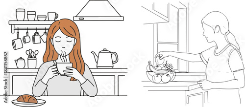 Simple Line Art Illustration of Women in Domestic Kitchen Setting