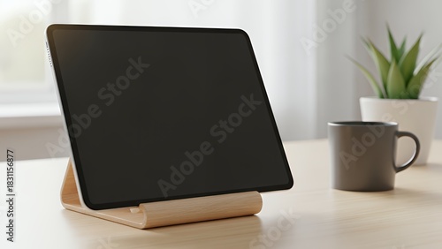 A tablet on a stand with a mug and plant nearby