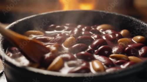 Close up of kidney beans cooking in a pot with a wooden spoon and flames in the background