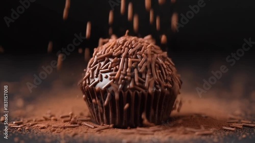 Chocolate brigadeiro truffle in a paper cup with sprinkles falling on it against a dark background scene close up