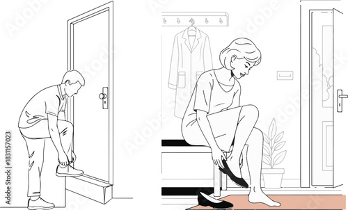 Black and White Line Art Illustrations of People Putting On Shoes