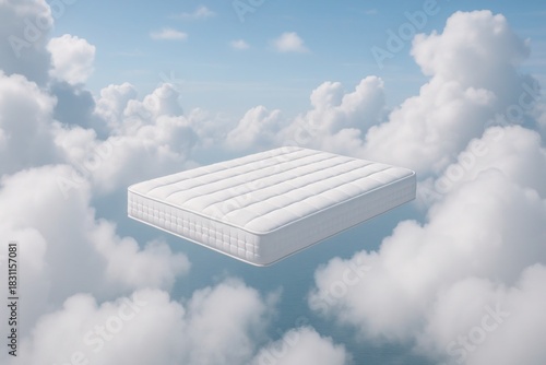 Dreamscape of Serenity: A pristine mattress floats serenely amongst soft, fluffy clouds, evoking a sense of tranquil rest and weightless comfort.