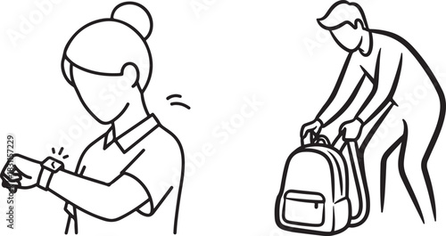 Minimalist Line Art Illustration of People with Smartwatch and Backpack