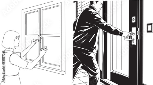 Monochrome Vector Illustrations: People Locking Window and Door for Security