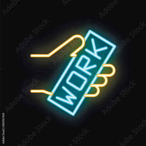 Neon sign of a hand holding a remote control with the word work on it