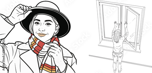 Vector Line Art Illustrations: Woman with Hat and Woman Opening Window