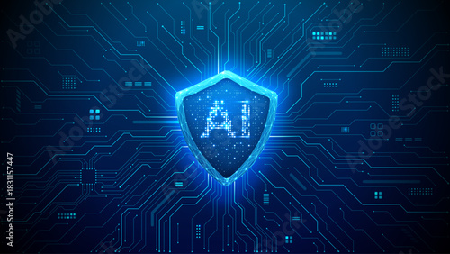 Cyber security concept. Digital shield icon glowing on circuit board background. Cyber protection concept with futuristic technology elements and bright blue light effects for data safety.