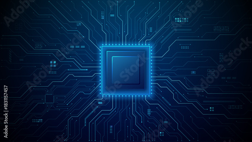 Abstract tech background featuring AI-powered circuit design with semiconductor microchip elements and flowing data streams in luminous blue digital atmosphere. Tech vector illustration.