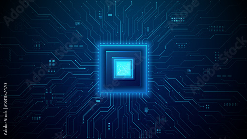 AI circuit board background with glowing data pathways and semiconductor chip technology creating futuristic digital network patterns in blue electric light. Tech vector illustration. Blue background