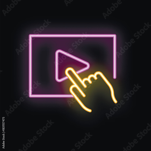 Neon sign of a hand pressing the play button on a screen, a vibrant symbol of digital interaction